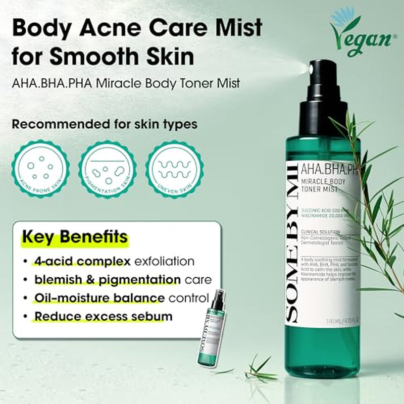 AHA BHA PHA 30 Days Miracle Body Care Set – Body Cleanser, Toner Mist & Calming Lotion – Exfoliating Body Acne Care for Back & Chest